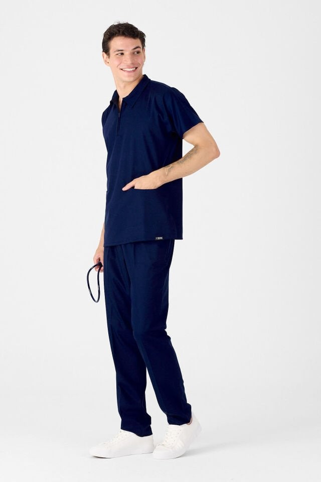 Likralı Lacivert Polo Yaka Scrubs Forma