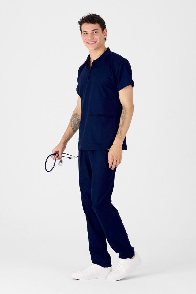 Likralı Lacivert Polo Yaka Scrubs Forma