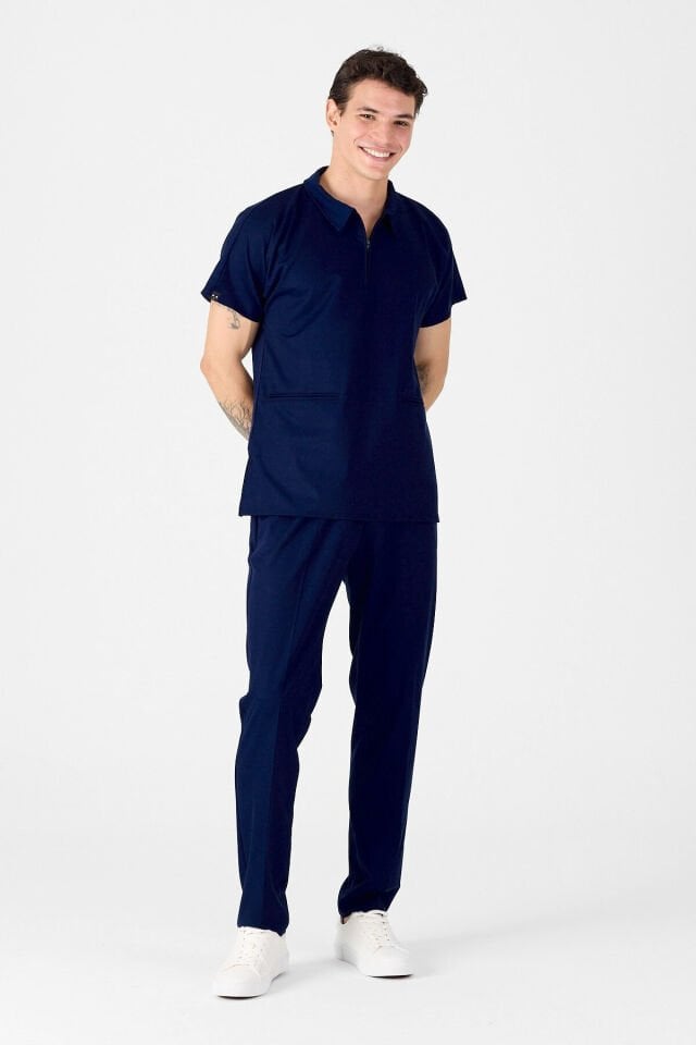 Likralı Lacivert Polo Yaka Scrubs Forma
