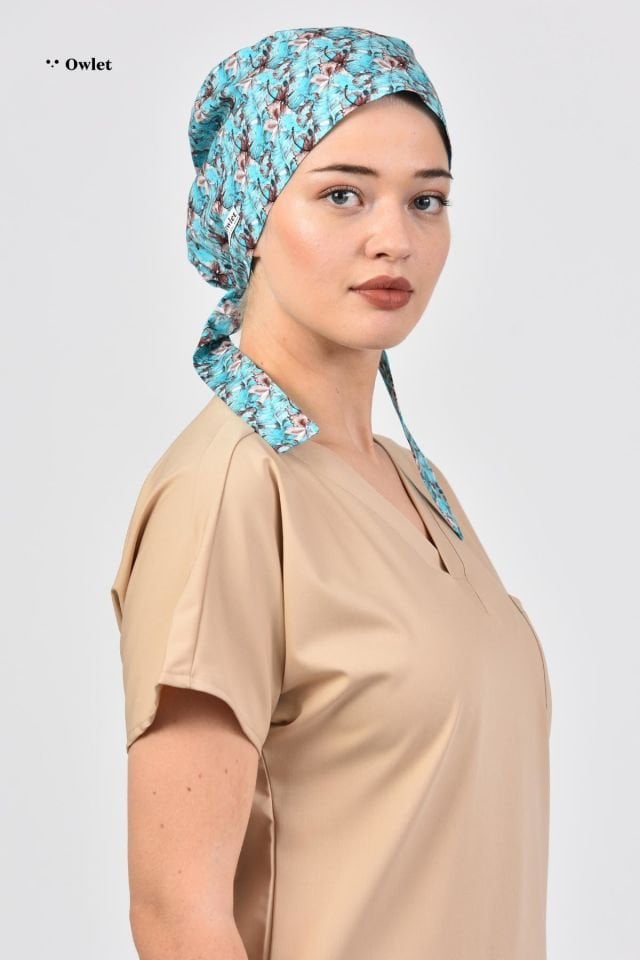 Çiçekler Desenli Su Yeşili Cerrahi Tesettür Bone - Owlet Medikal