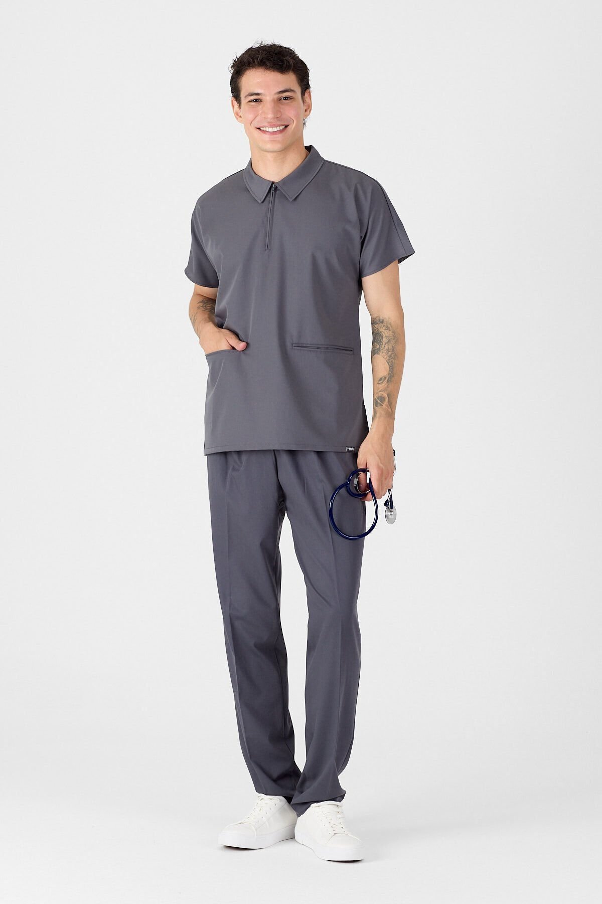 Likralı Füme Polo Yaka Scrubs Forma