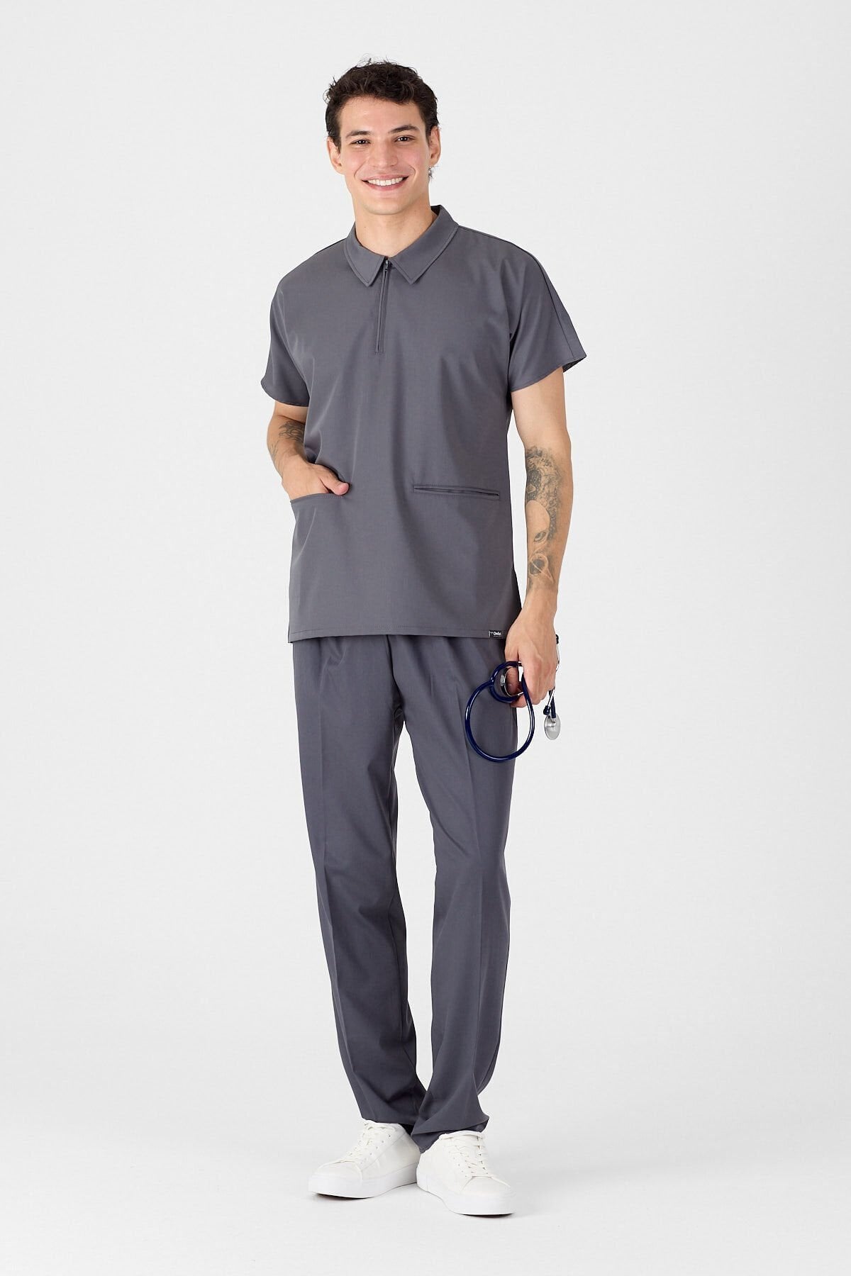 Likralı Füme Polo Yaka Scrubs Forma