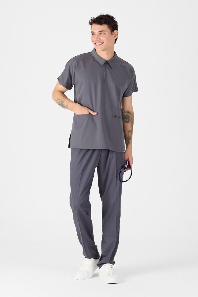 Likralı Füme Polo Yaka Scrubs Forma