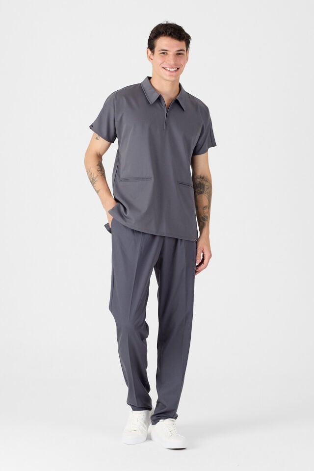 Likralı Füme Polo Yaka Scrubs Forma