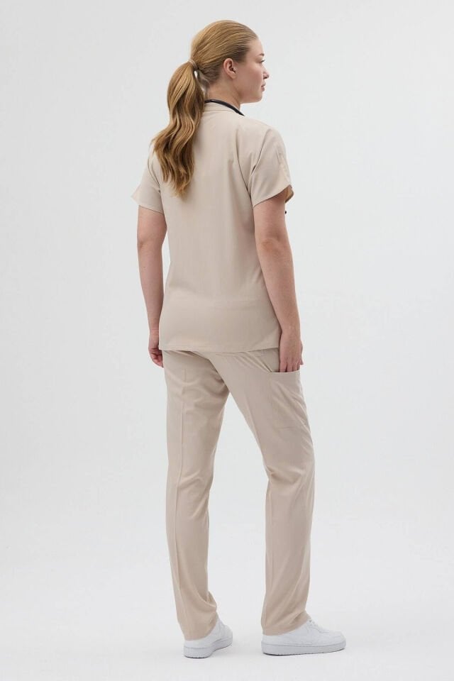 Likralı Taş Rengi Fermuar Detaylı Scrubs