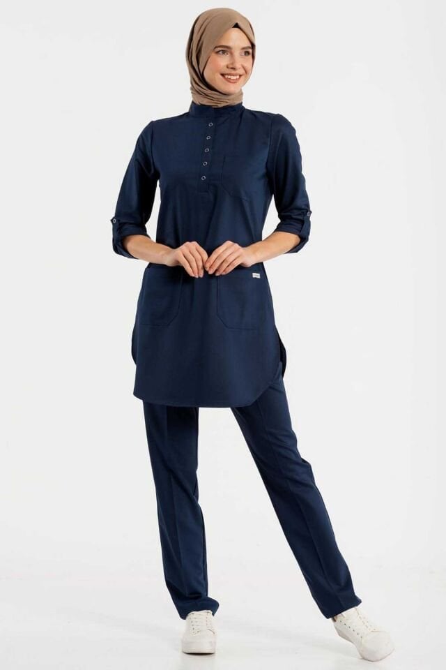 Likralı Koyu Lacivert Cerrahi Tesettür Takım