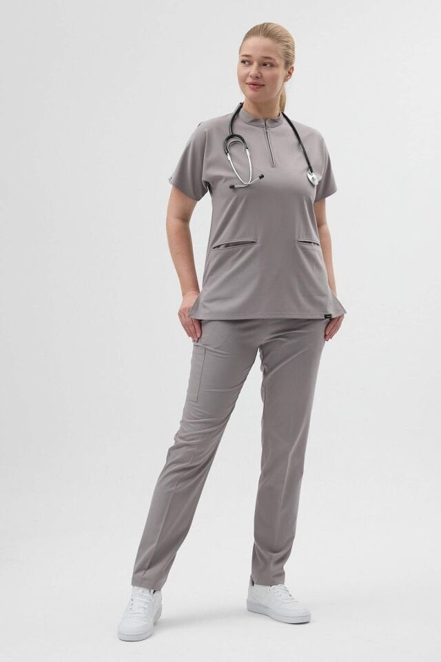 Likralı Duman Grisi Fermuar Detaylı Scrubs