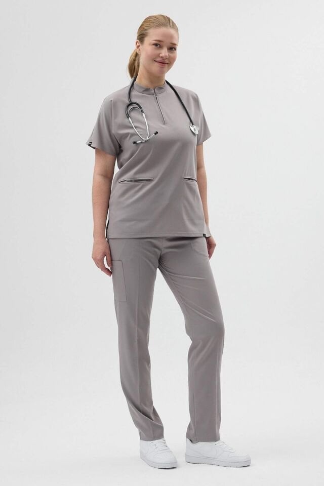 Likralı Duman Grisi Fermuar Detaylı Scrubs