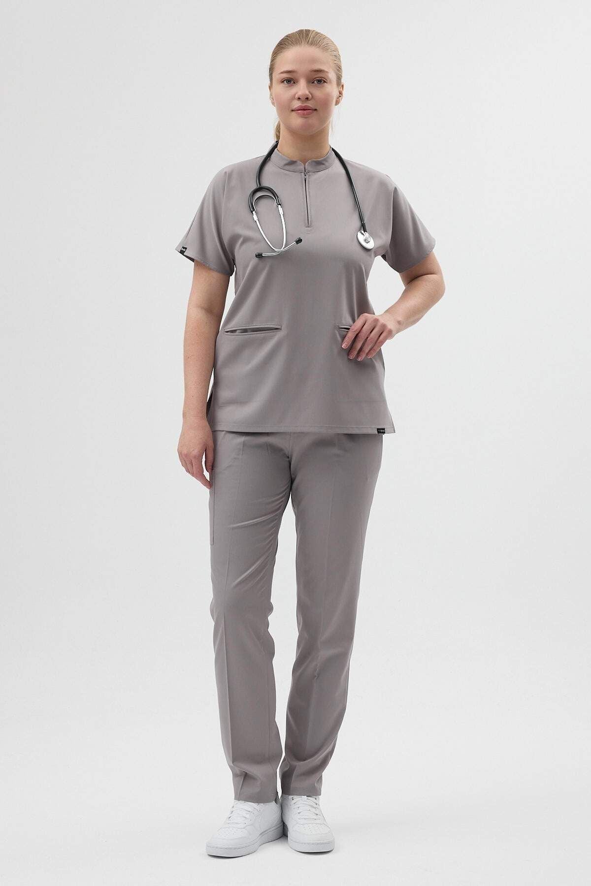 Likralı Duman Grisi Fermuar Detaylı Scrubs