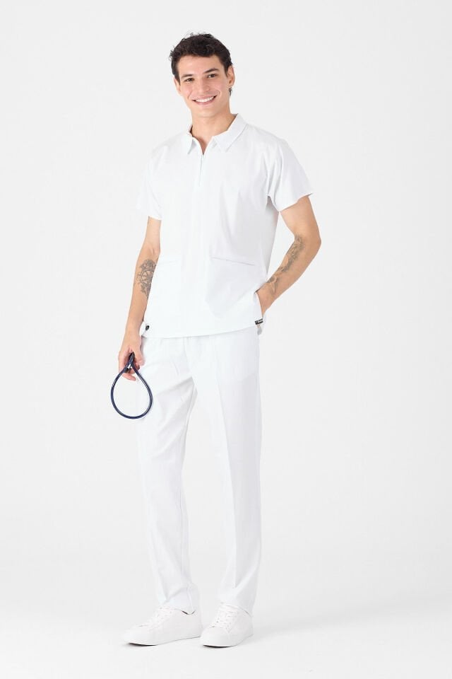 Likralı Beyaz Polo Yaka Scrubs