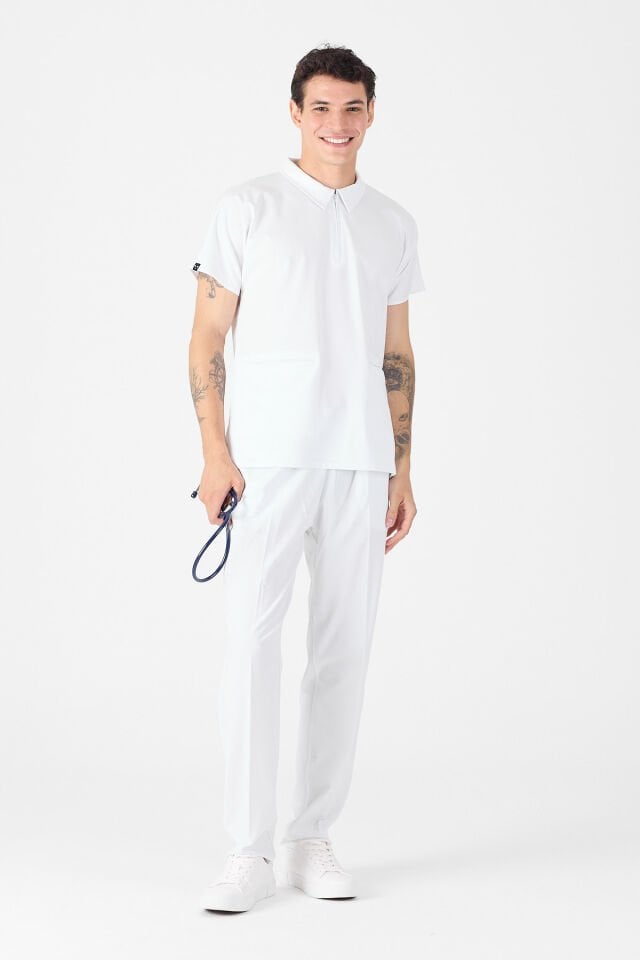 Likralı Beyaz Polo Yaka Scrubs