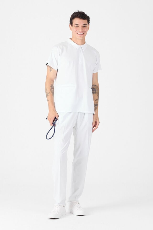 Likralı Beyaz Polo Yaka Scrubs