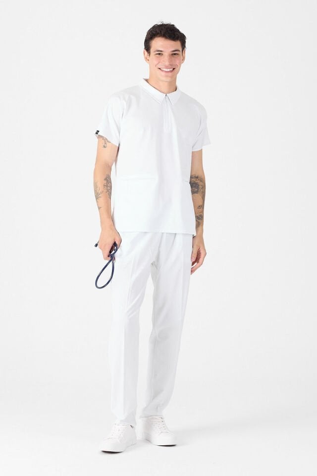 Likralı Beyaz Polo Yaka Scrubs