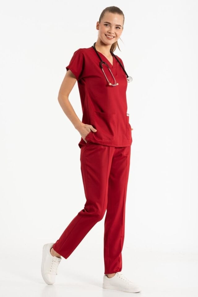 Likralı Kırmızı Cerrahi Takım