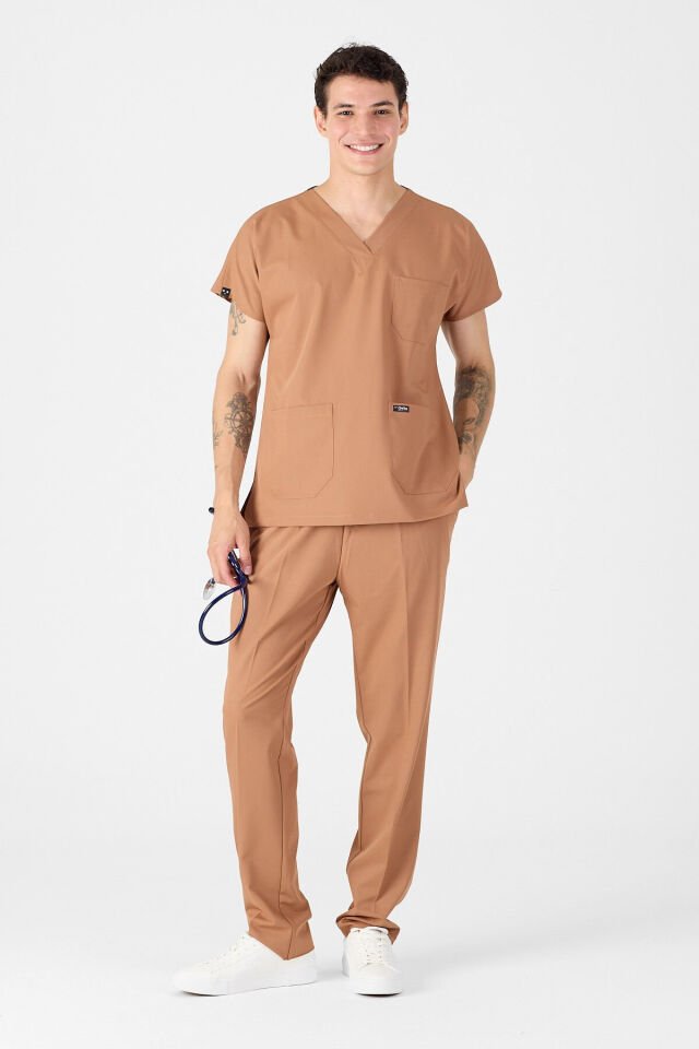 Likralı Kahverengi Scrubs Forma