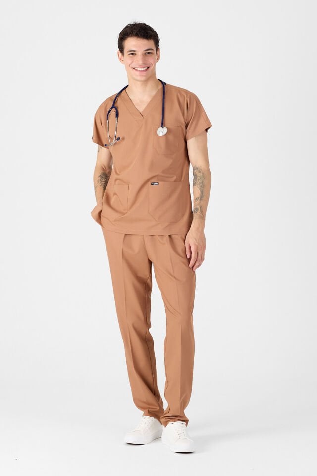 Likralı Kahverengi Scrubs Forma