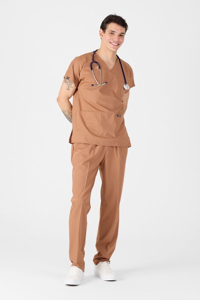 Likralı Kahverengi Scrubs Forma