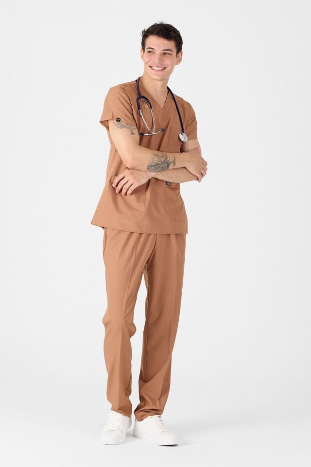 Likralı Kahverengi Scrubs Forma