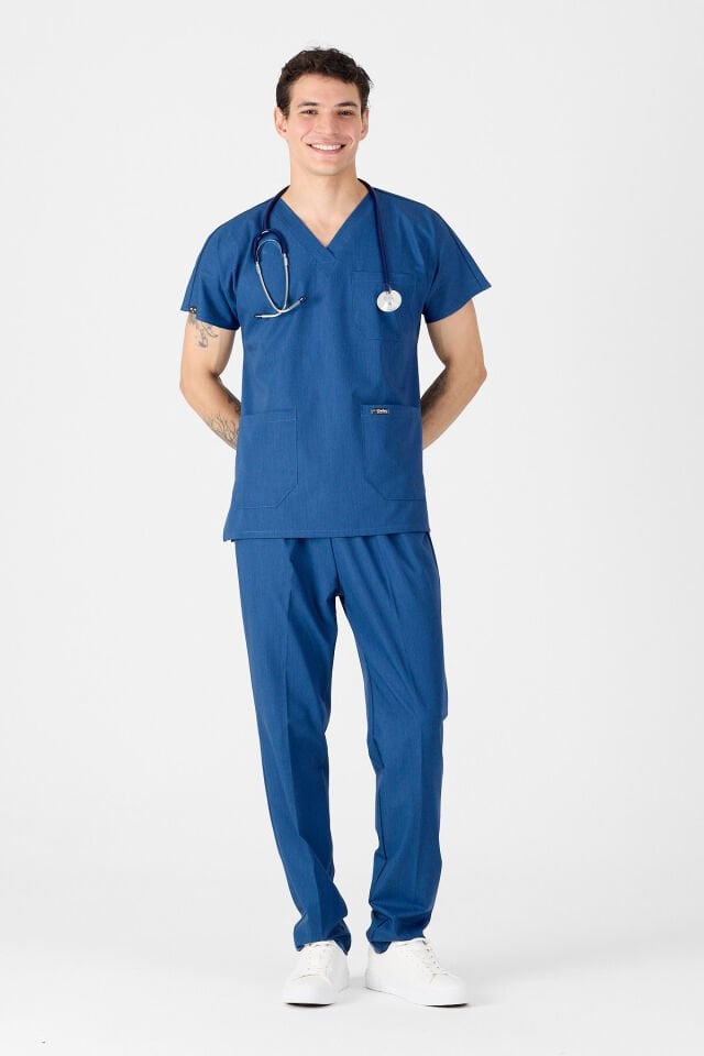 Likralı Kot Görünümlü Mavi Scrubs