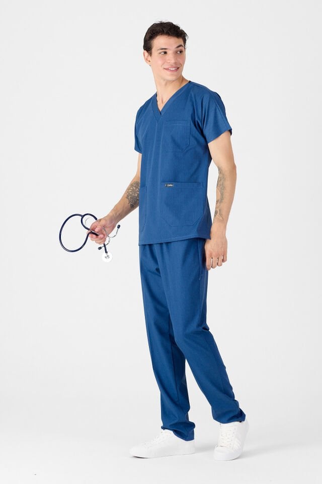 Likralı Kot Görünümlü Mavi Scrubs