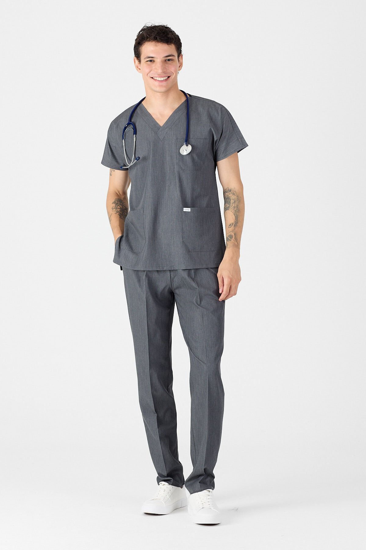 Likralı Kot Görünümlü Gri Scrubs