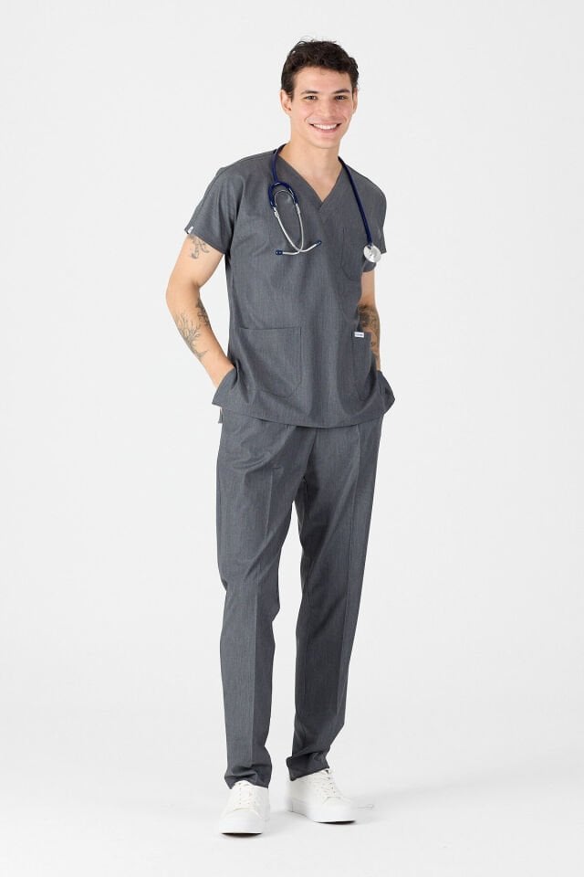 Likralı Kot Görünümlü Gri Scrubs - Owlet Medikal
