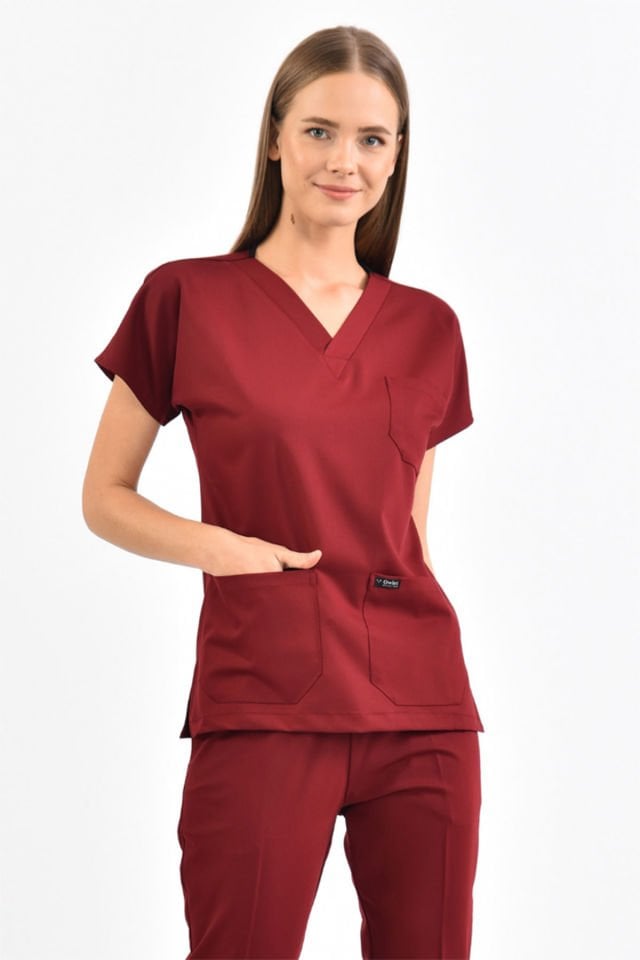 Likralı Bordo Cerrahi Üst