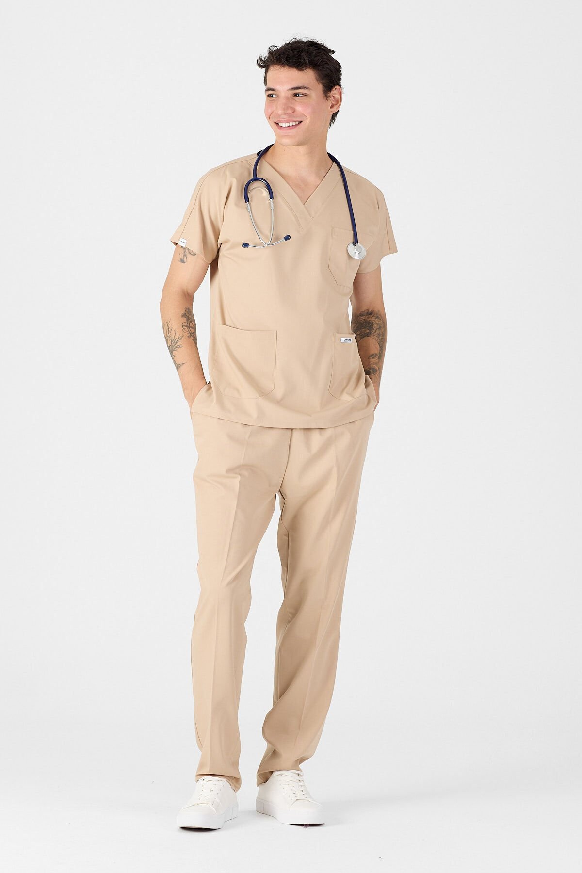 Likralı Bej Scrubs Forma