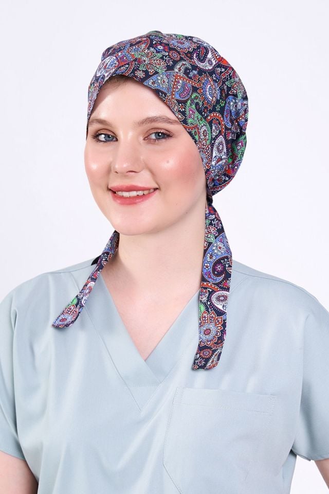 Renkli Şal Desenli Cerrahi Tesettür Bone