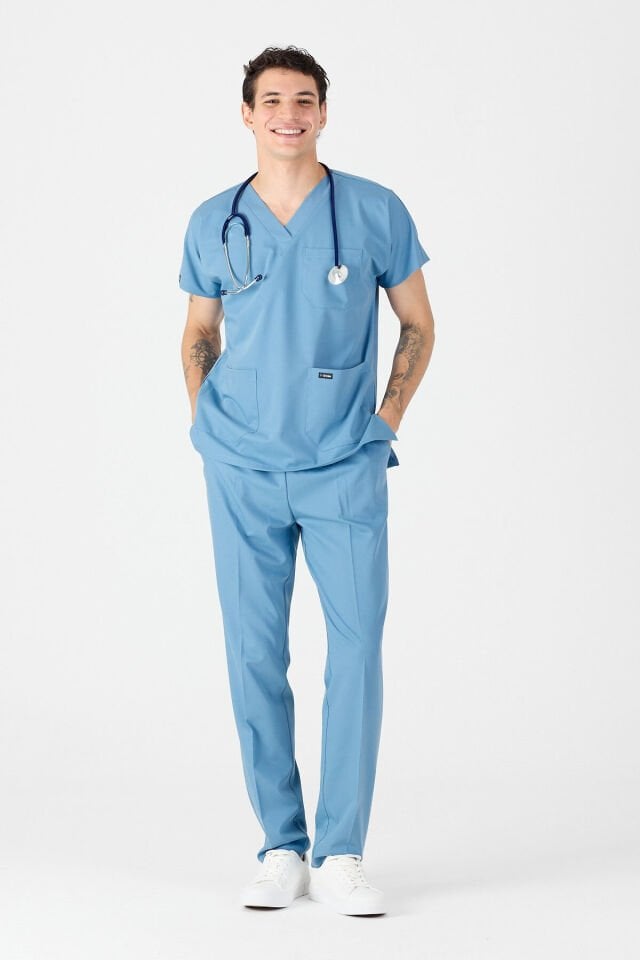 Likralı Açık Mavi Scrubs Forma - Owlet Medikal