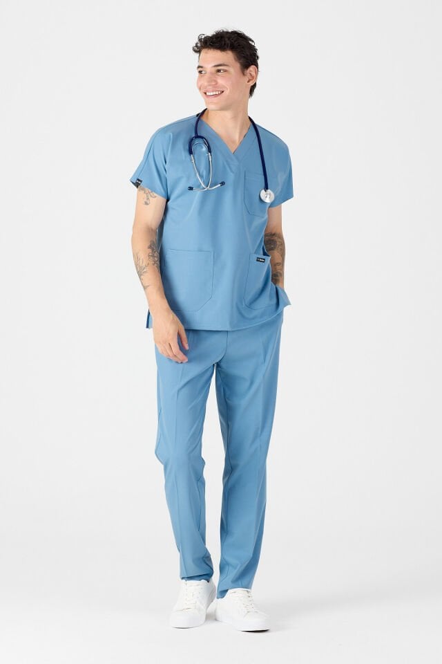 Likralı Açık Mavi Scrubs Forma