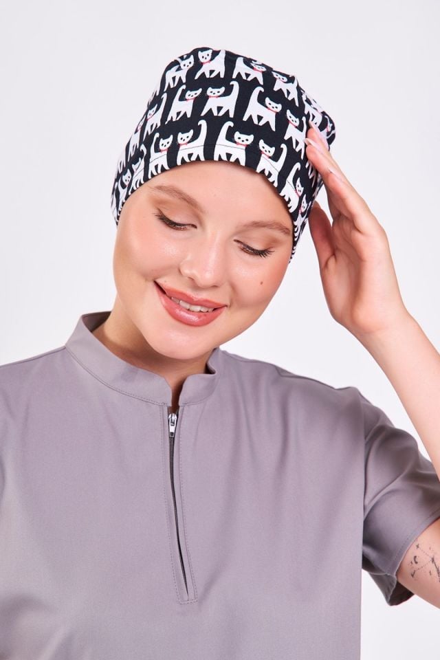 Kedi Desenli Siyah Cerrahi Bone