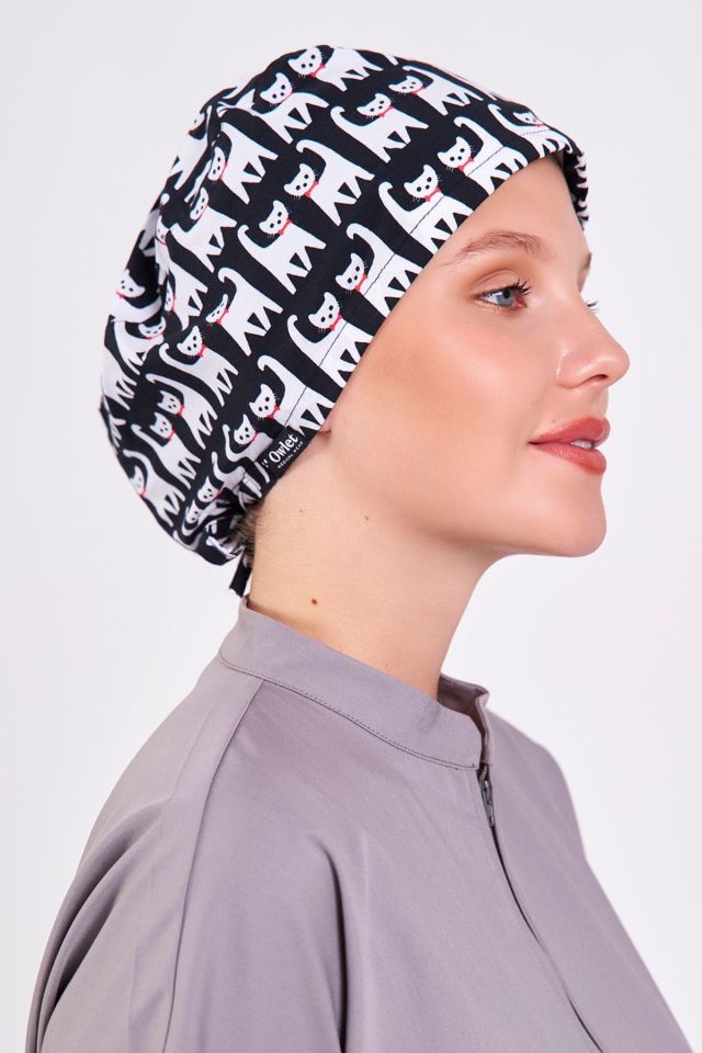 Kedi Desenli Siyah Cerrahi Bone