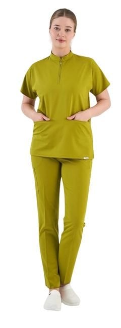 Likralı Yağ Yeşili Fermuar Detaylı Scrubs